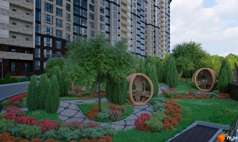 Житловий комплекс Crystal Towers з ландшафтним дизайном та зонами відпочинку. Зелена прибудинкова територія з доріжками та альтанками біля багатоповерхового будинку.