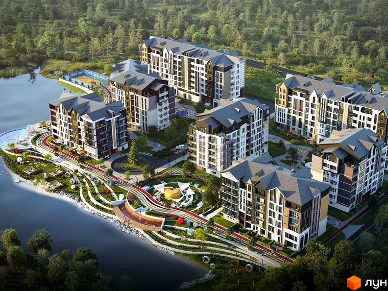 Житловий комплекс BASA city з багатоквартирними будинками та сірими дахами, розташований біля водойми з облаштованою територією та зеленими насадженнями.