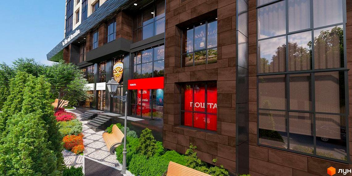 Новобудова Crystal Towers з коричневим фасадом та великими вікнами. Прибудинкова територія з зеленими насадженнями та лавками.