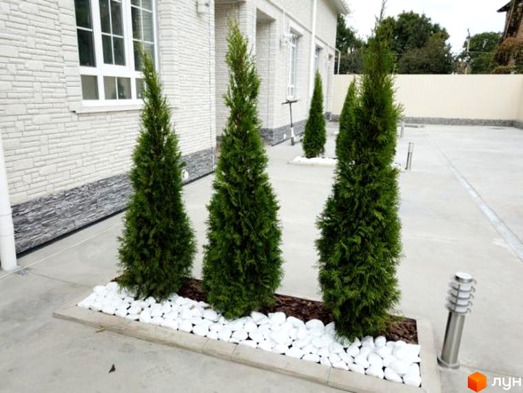 Таунхаус Грецький: фасади будівель та зелені насадження з білою галькою на прибудинковій території. Чудовий вибір для вашого дому.