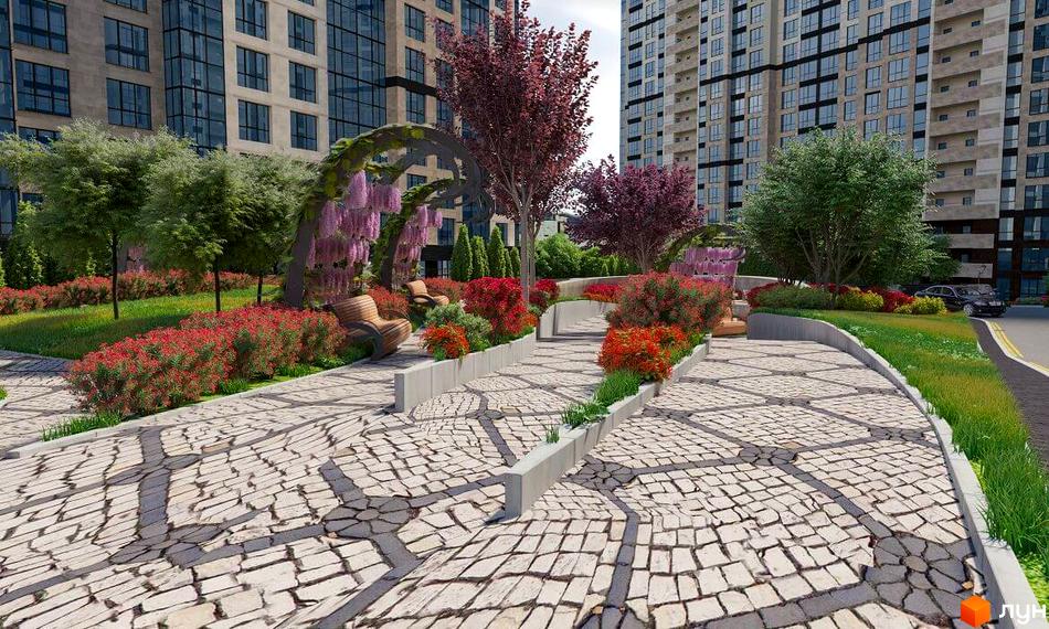 Житловий комплекс Crystal Towers: мальовничий ландшафтний дизайн з квітучими арками, зручними лавками та доріжками з бруківки. Сучасна архітектура будинків.