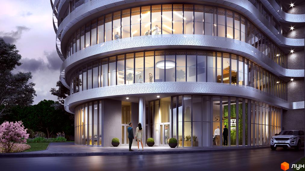 Житловий комплекс OASIS - це будівля з вигнутими фасадами та великими вікнами, що виходить на зелену зону з деревами та квітами.