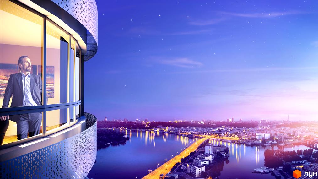 Житловий комплекс OASIS з панорамними вікнами та видом на вечірнє місто з річкою та мостом. Сучасна архітектура новобудови.