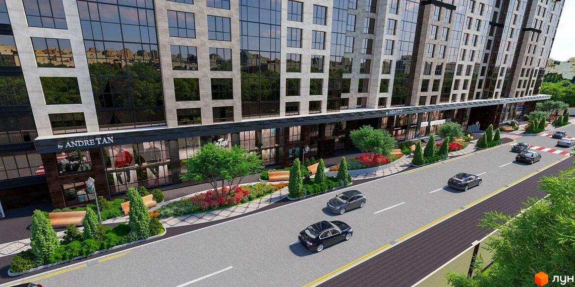 Зовнішній вигляд ЖК Crystal Towers з фасадом з панорамних вікон та комерційними приміщеннями на першому поверсі. Прибудинкова територія з зеленими насадженнями та дорогою з автомобілями.