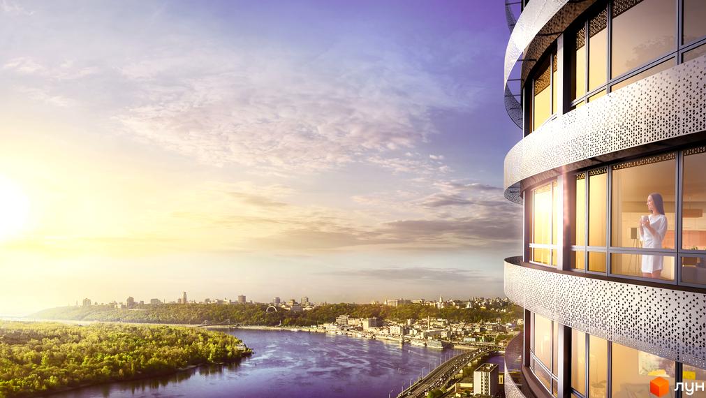 Житловий комплекс OASIS з панорамним видом на річку та місто. Сучасна архітектура будівлі з великими вікнами та балконами.