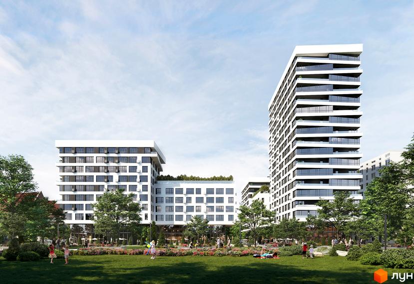 Високі білі будинки житлового комплексу з великими вікнами. На території комплексу є зелена зона з деревами та людьми.