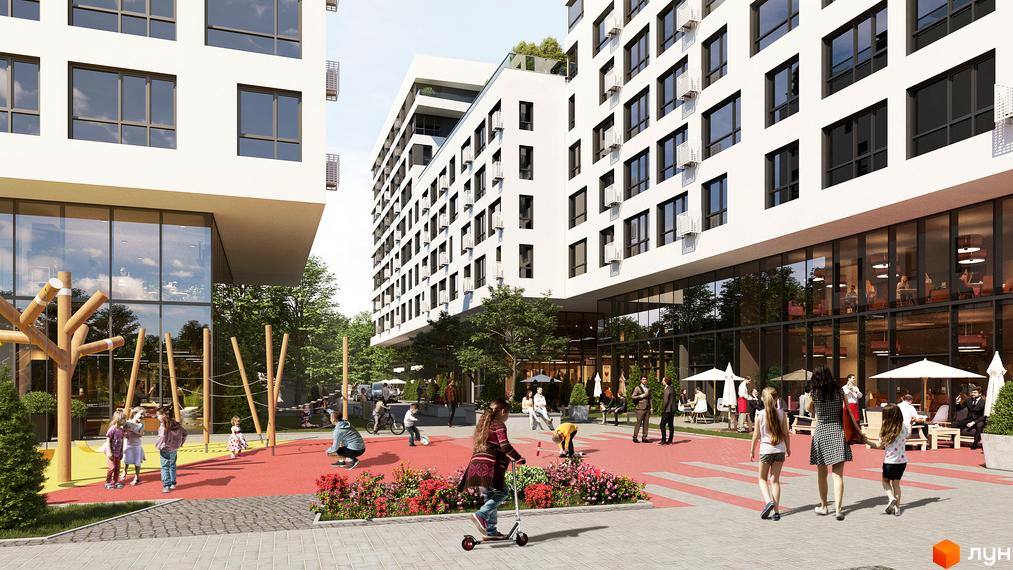 Зображення Житлового комплексу на вулиці Замарстинівська, 134а. На фото будівля та дитячий майданчик з дітьми.