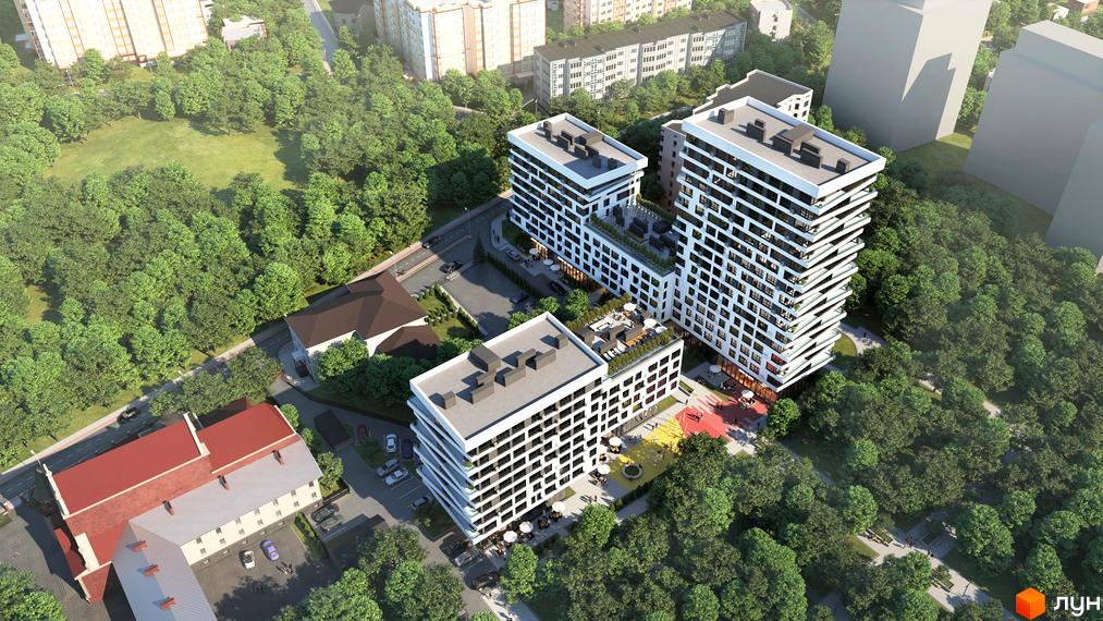 Високі будинки ЖК на вулиці Замарстинівська, 134а з білими фасадами та великою прибудинковою територією з деревами та дитячим майданчиком.