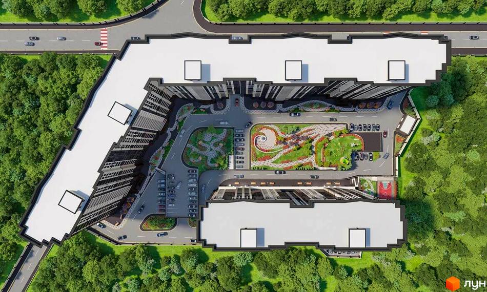 Вид зверху на житловий комплекс Crystal Towers з багатоповерховими будинками та упорядкованою прибудинковою територією з зеленими зонами та парковкою. Комплекс оточений деревами.