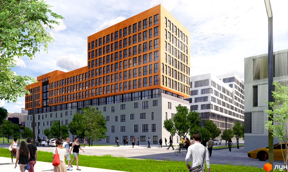 Житловий комплекс на вул. Стрийська, 45. Будинки з помаранчевою та сірою обробкою, з великою кількістю вікон, на тлі блакитного неба з хмарами. Навколо зелені дерева та люди, що гуляють.