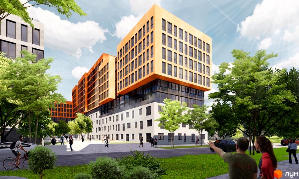 Зовнішній вигляд житлового комплексу на вулиці Стрийській, 45, з оранжевими та сірими фасадами, скляними елементами та прибудинковою територією з деревами та людьми.