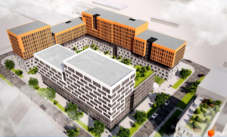 Зовнішній вигляд комплексу на вул. Стрийська, 45, з оранжевими та білими фасадами, зеленими зонами та місцями для відпочинку. Навколо розташовані дороги з автомобілями та пішохідні доріжки.