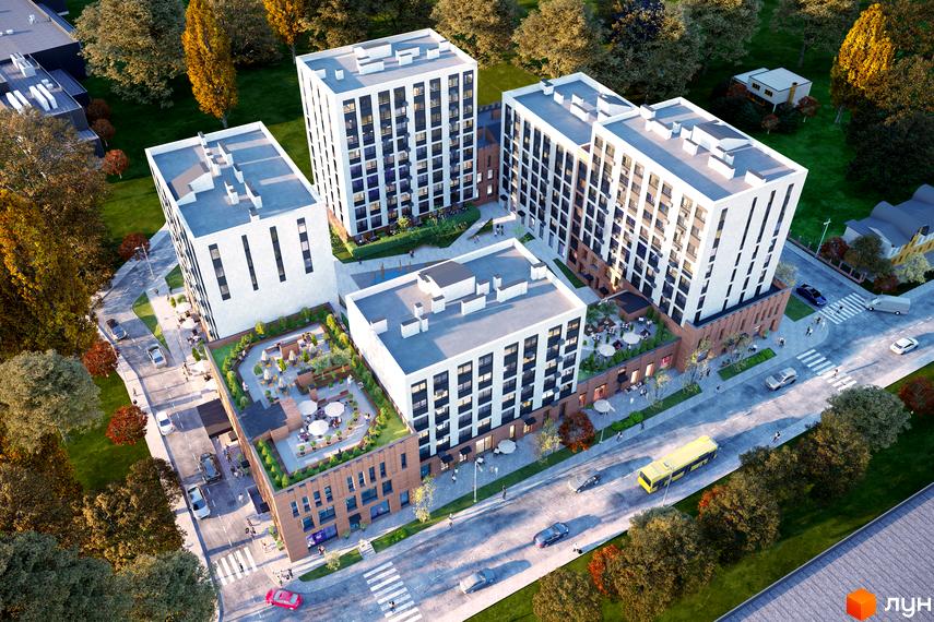 Оглядовий вигляд житлового комплексу на вул. Навроцького, 31: білі багатоповерхові будинки, зелені тераси з зонами відпочинку, пішохідні зони.