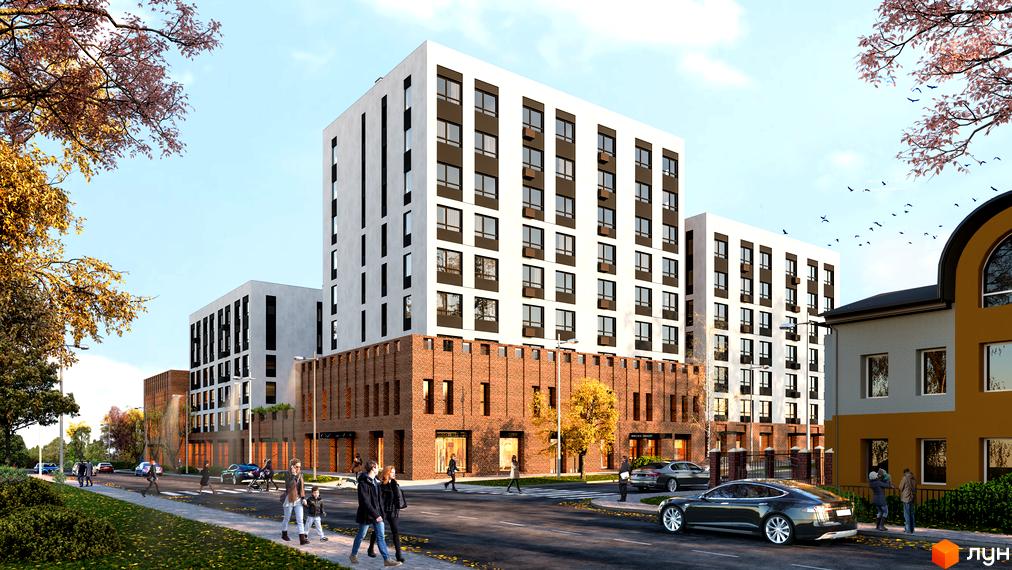 Новобудова на вул. Навроцького, 31: багатоповерхові будинки з білими фасадами та цегляною основою, поруч дорога, тротуари та дерева.