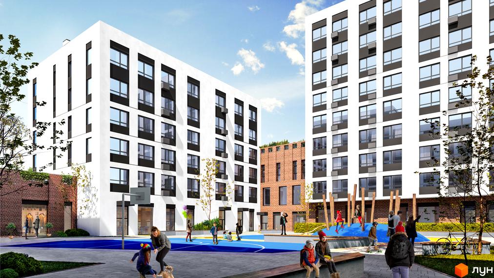 Білі багатоповерхові житлові будинки з темними вікнами та прибудинкова територія з дитячим майданчиком і спортивним полем на вул. Навроцького, 31.