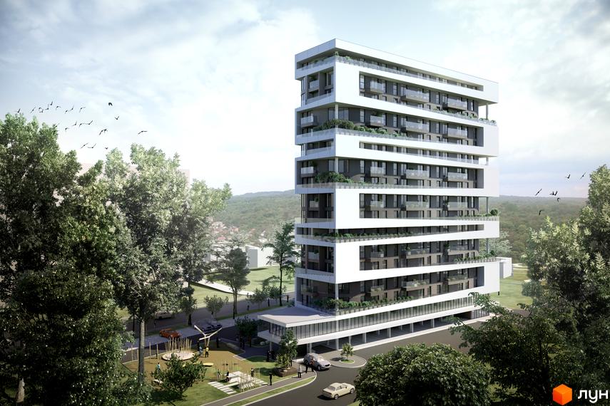 Сучасний житловий комплекс на вул. Варшавська, 201а з багатоповерховою будівлею та прибудинковою територією з дитячим майданчиком. Зовнішній вигляд будівлі – білі та сірі фасади з балконами та зеленню.