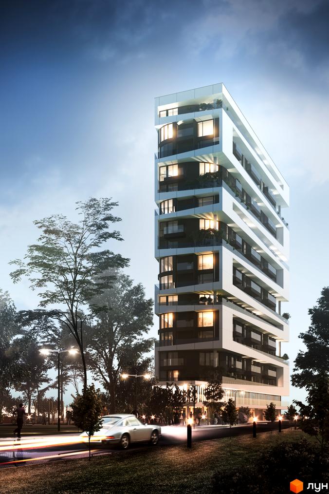 Будівельний проєкт на вул. Варшавська, 201а. Сучасна архітектура з виступаючими елементами та скляними фасадами. Навколо будинку зелена зона та освітлена дорога з автомобілем.