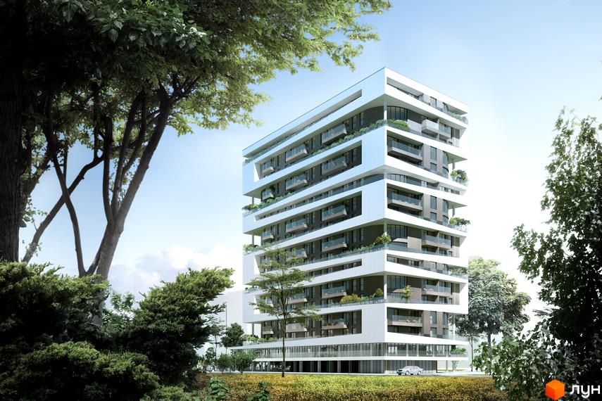 Сучасна новобудова на вул. Варшавська, 201а. Будинок має незвичайну архітектуру з виступаючими елементами та балконами. Навколо будівлі зелені насадження та дерева.