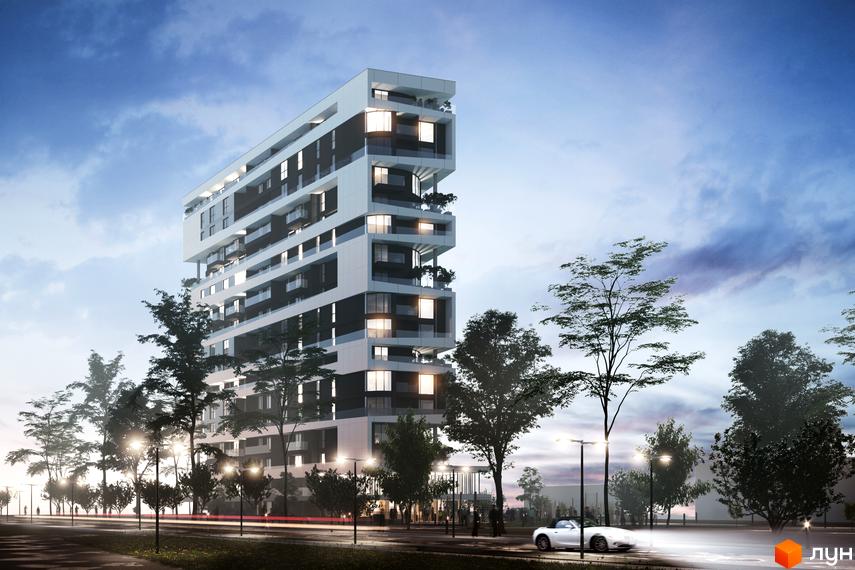 Новобудова на вул. Варшавська, 201а з незвичайною архітектурою та балконами. Навколо будинку розташовані дерева та освітлення вулиці, проїжджає білий автомобіль.