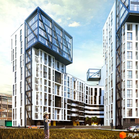 Зображення сторінки Житлового комплексу на вулиці Героїв УПА, 73. Вигляд новобудови з великими вікнами та прибудинковою територією.