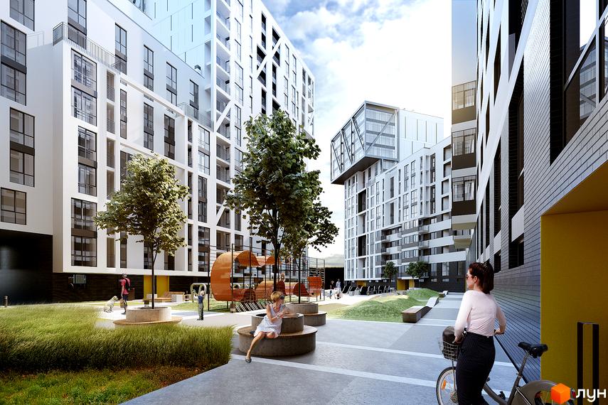 Зображення фасаду та прибудинкової території Новобудови по вулиці Героїв УПА, 73. На фото видно багатоповерховий будинок та дитячий майданчик.