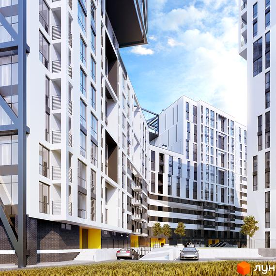 Сучасний житловий комплекс на вулиці Героїв УПА, 73, з білими фасадами та балконами. На прибудинковій території розташовані автомобілі та зелені насадження.