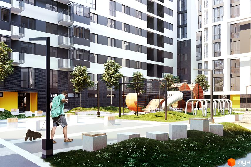 Зображення житлового комплексу по вулиці Героїв УПА, 73. На фото будівля з прибудинковою територією, де є дитячий майданчик та прогулянкова зона.