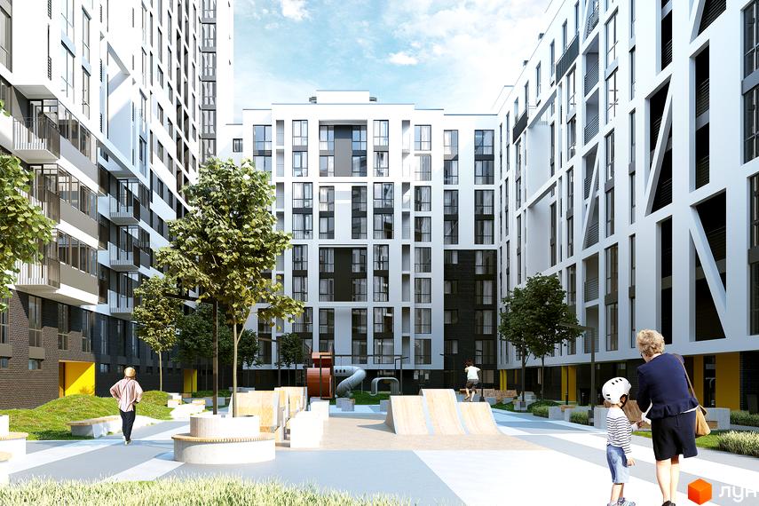 Зображення фасаду та подвір'я Житлового комплексу на вулиці Героїв УПА, 73. На території є дитячий майданчик та зелені насадження.