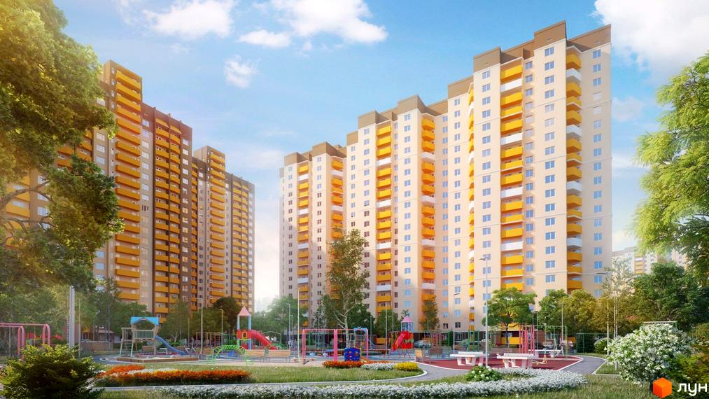 Житловий комплекс Атлант у Коцюбинському: висотні будинки з жовтими балконами та дитячий майданчик на фоні зелених дерев.