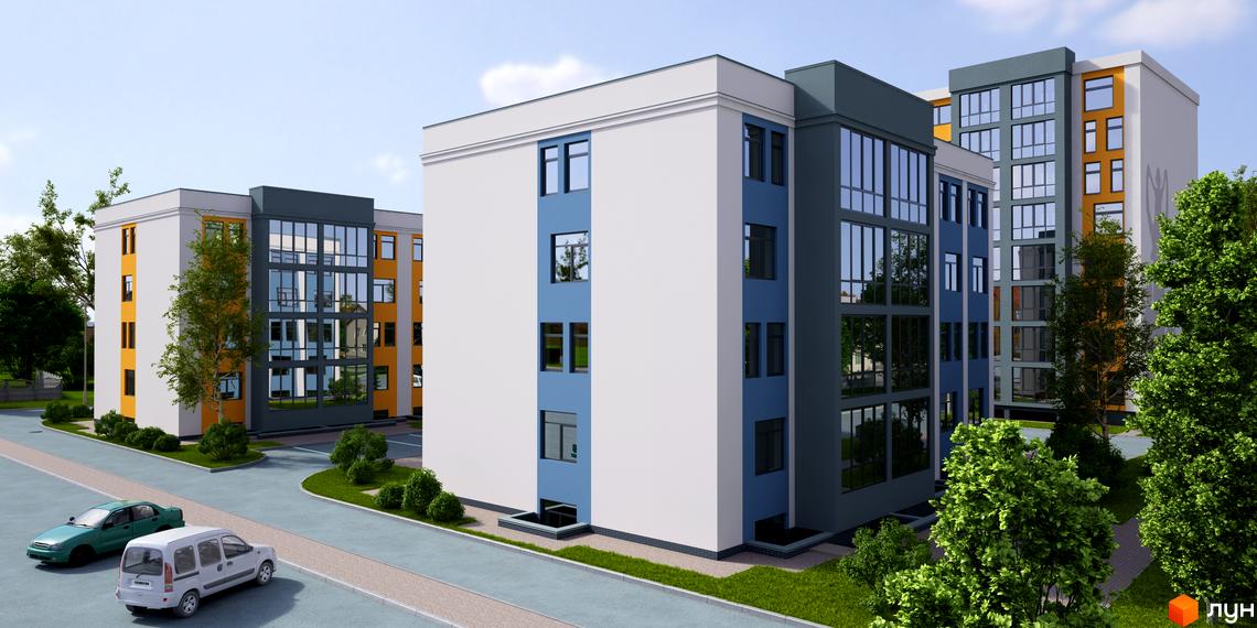 Житловий комплекс Сімейний квартал: фасади будівель білого, синього та жовтого кольорів, великі вікна, прибудинкова територія з деревами та автомобілями.