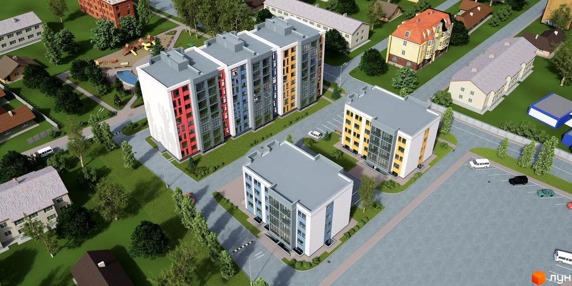 Житловий комплекс Сімейний квартал: багатоповерхові будинки з яскравими фасадами та прибудинкова територія з дитячим майданчиком та парковкою.