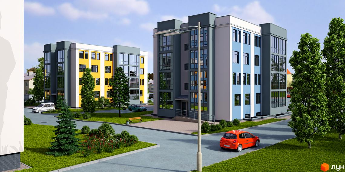 Житловий комплекс Сімейний квартал: фасади будівель у сірих, жовтих та блакитних кольорах, зелені насадження та парковка.