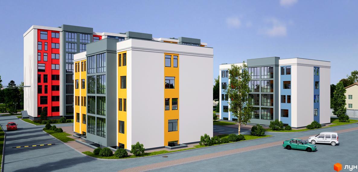 Житловий комплекс Сімейний квартал – це багатоповерхові будинки з яскравими фасадами та великими вікнами. На території є зелені насадження та припарковані автомобілі.