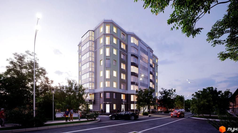 Зовнішній вигляд будинку по вул. Григорія Левченка (Сапіго), 2, з освітленням та прибудинковою територією з деревами та дорогою.