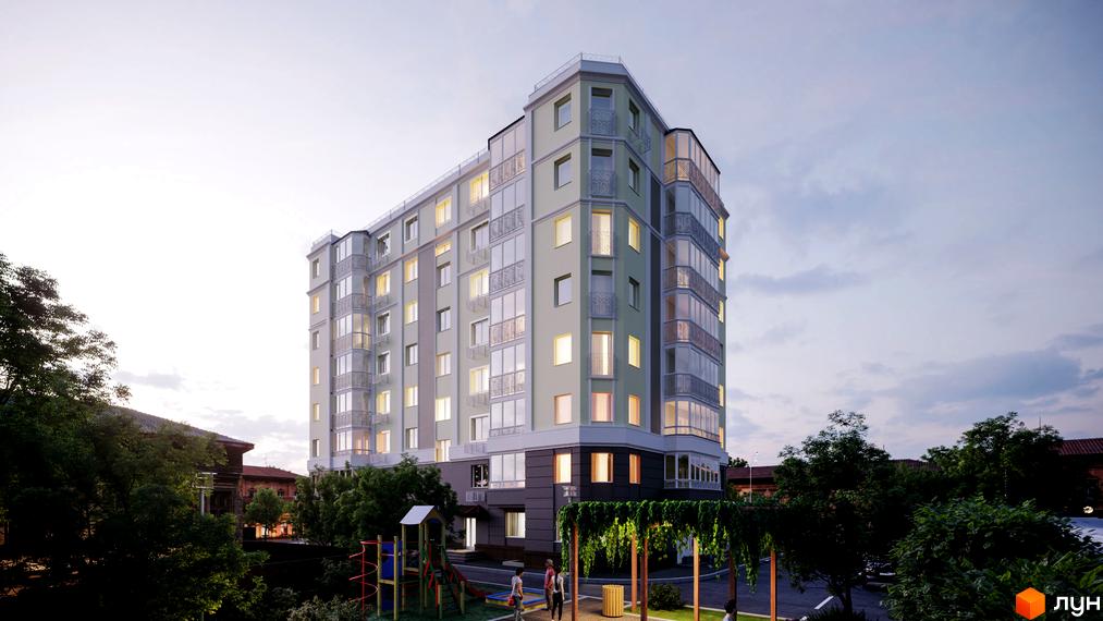 Зовнішній вигляд новобудови на вул. Григорія Левченка (Сапіго), 2, з дитячим майданчиком та зеленими зонами.