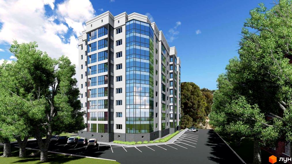 Зображення дев'ятиповерхового будинку Житлового комплексу Райдужний з великими вікнами та парковкою.