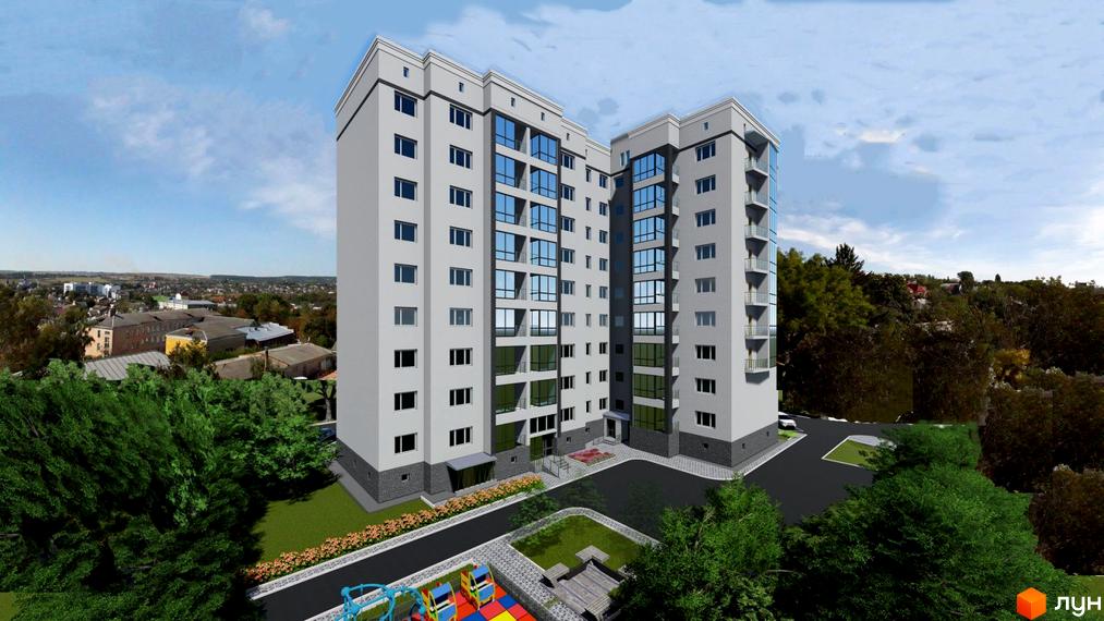 Зображення багатоповерхового будинку в Житловому комплексі Райдужний з великими вікнами та облаштованою прибудинковою територією.