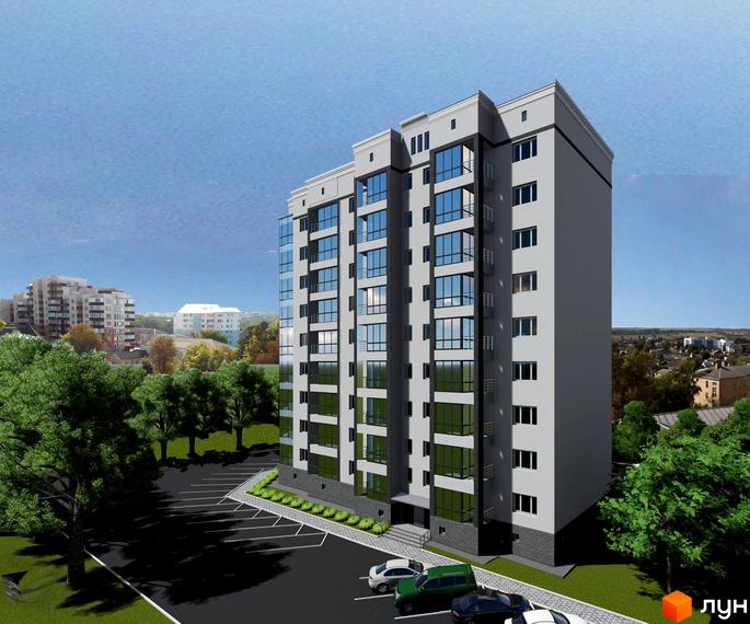 Зображення Житлового комплексу Райдужний. Багатоповерховий будинок з великими вікнами та парковкою біля будинку.