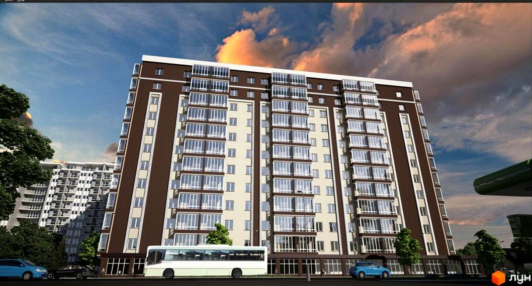 Зовнішній вигляд новобудови ЖК Полісся 2 з численними вікнами та балконами. Навколо будівлі видно дерева та проїжджу частину з автомобілями та автобусом.