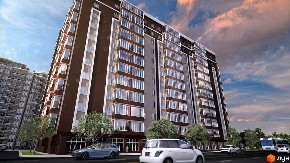 Зовнішній вигляд будинку ЖК Полісся 2 з коричневими та бежевими фасадами, великою кількістю вікон та заскленими балконами. Навколо будинку дерева та дорога з автомобілями.