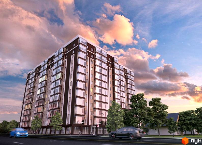 Житловий комплекс Полісся 2 – це висотна новобудова з панорамними вікнами та заскленими балконами. Навколо будинку розташовані зелені насадження та дорога з автомобілями.