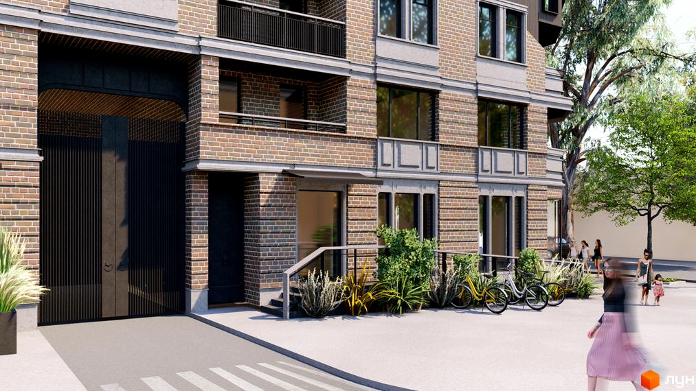 Фасад житлового комплексу Пространство на Шмидта з цегляним оздобленням та великими вікнами. Прибудинкова територія з деревами та велосипедами.