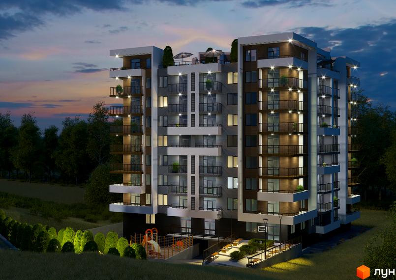 Зображення багатоквартирного будинку ЖК Praga з балконами та освітленням. На передньому плані дитячий майданчик та зелені насадження.