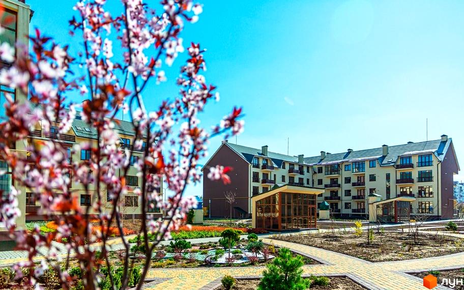 Житловий комплекс Бородино. Зовнішній вигляд багатоповерхових будинків з балконами та вікнами. Прибудинкова територія з алеями та декоративними рослинами.