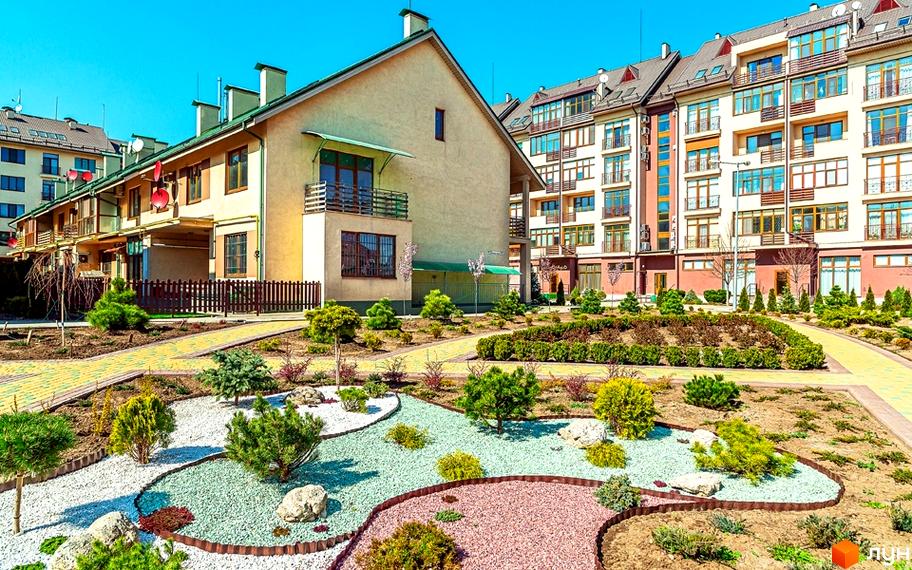 Житловий комплекс Бородино: фасади будинків та ландшафтний дизайн прибудинкової території з доріжками та зеленими насадженнями. Зовнішній вигляд новобудов та облаштований двір.
