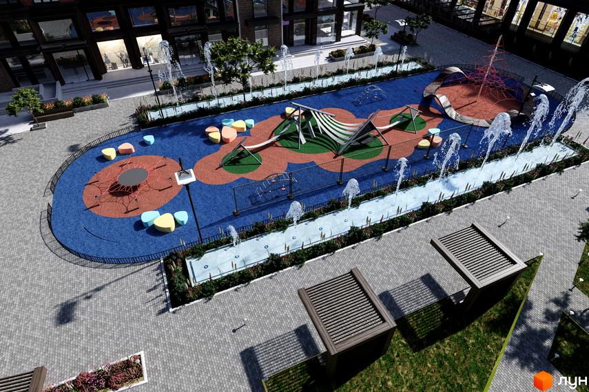 Зображення дитячого майданчика на території Будівельного проєкту Derby Style House. Вигляд зверху на ігрову зону з гірками та фонтанами.