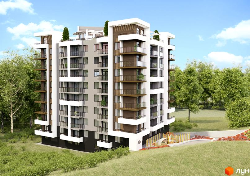 Зображення багатоповерхового будинку в Житловому комплексі Praga з балконами та дитячим майданчиком на прибудинковій території. Вигляд збоку на будівлю.