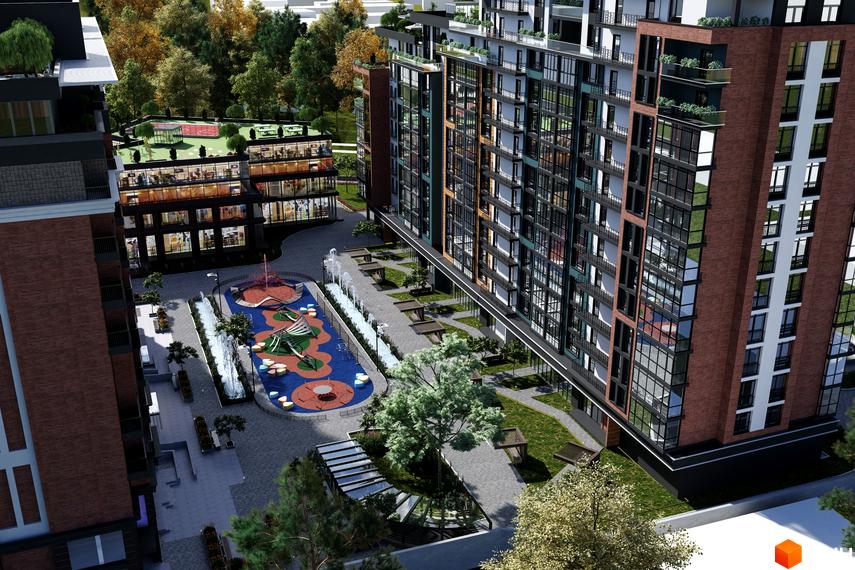 Зображення фасаду та прибудинкової території Новобудови Derby Style House. На території дитячий майданчик та зелені насадження.