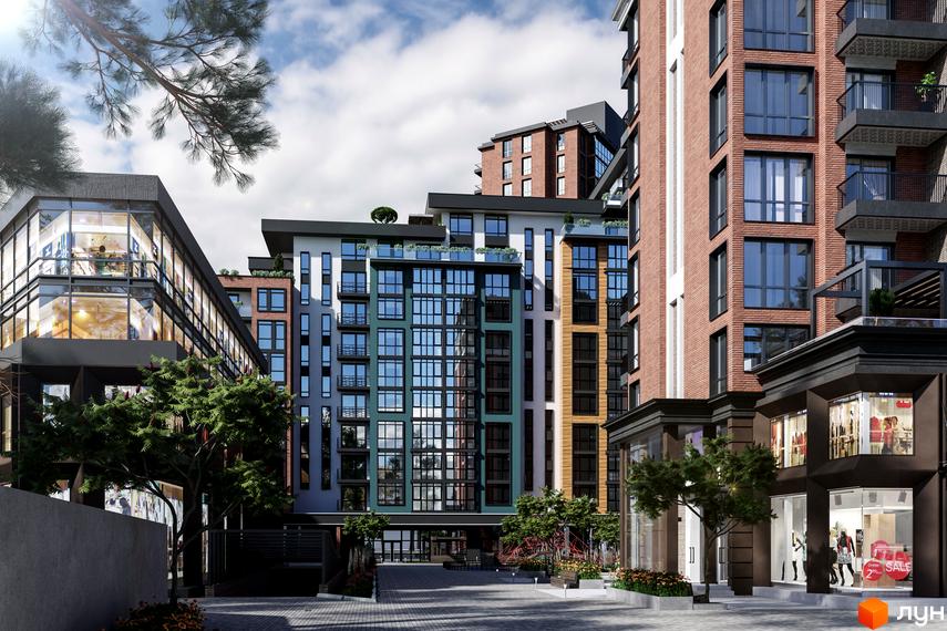 Комплекс Derby Style House: будинки з різнокольоровими фасадами, великими вікнами. На території є магазини, дерева та дитячий майданчик.