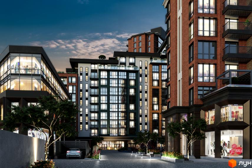 Житловий комплекс Derby Style House з фасадами з червоної цегли та світлими секціями, великі вікна. Прибудинкова територія має бруківку, зелені насадження та освітлення.